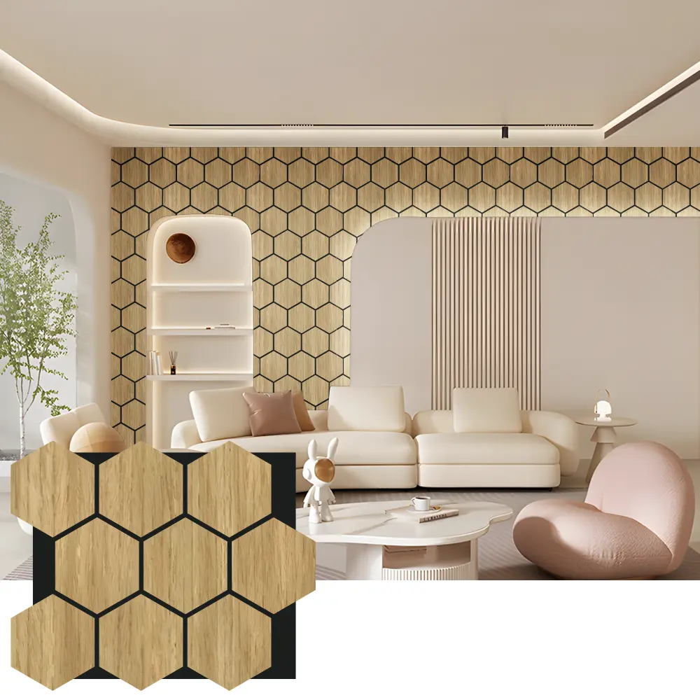 Hexagon akustiska träväggpaneler för inredning Hexagon akustiska träväggpaneler för inredning